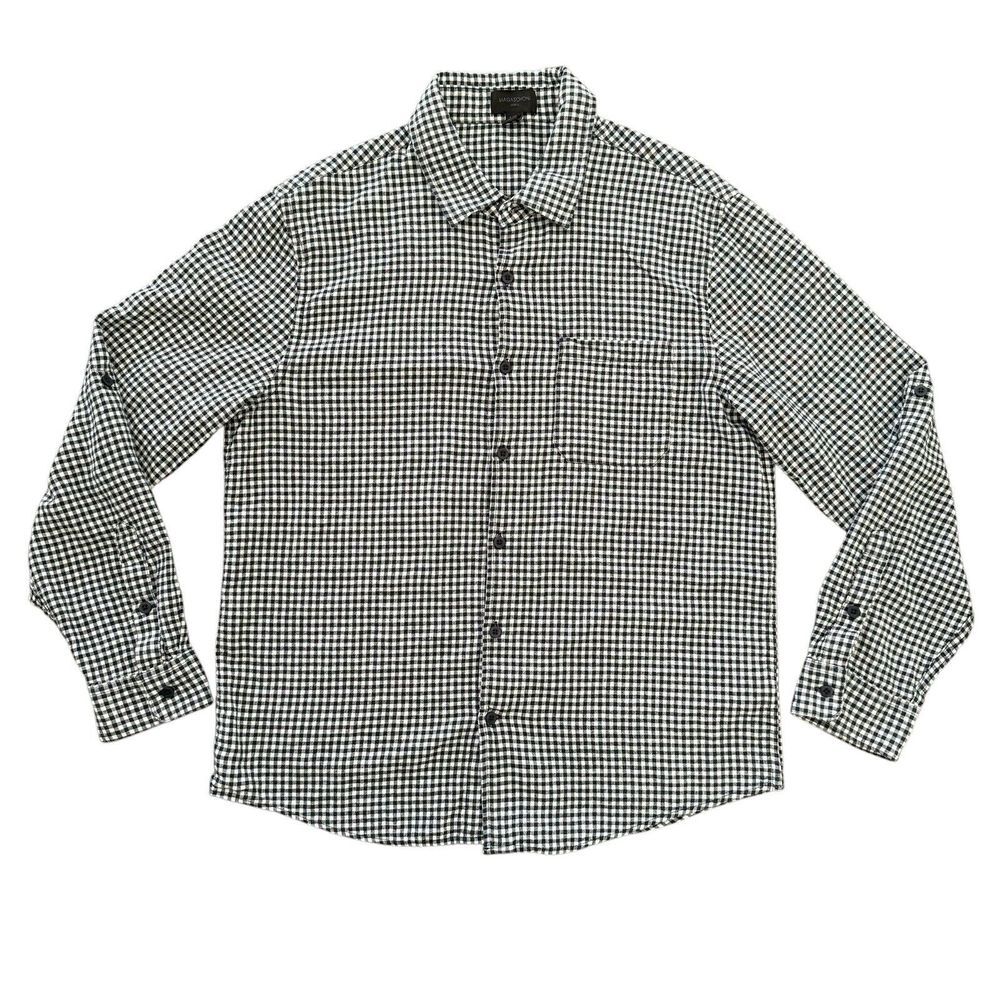 Magaschoni Man Large Linen Blend Blue Check Long‎ Sleeve Button Up Men's Shirt